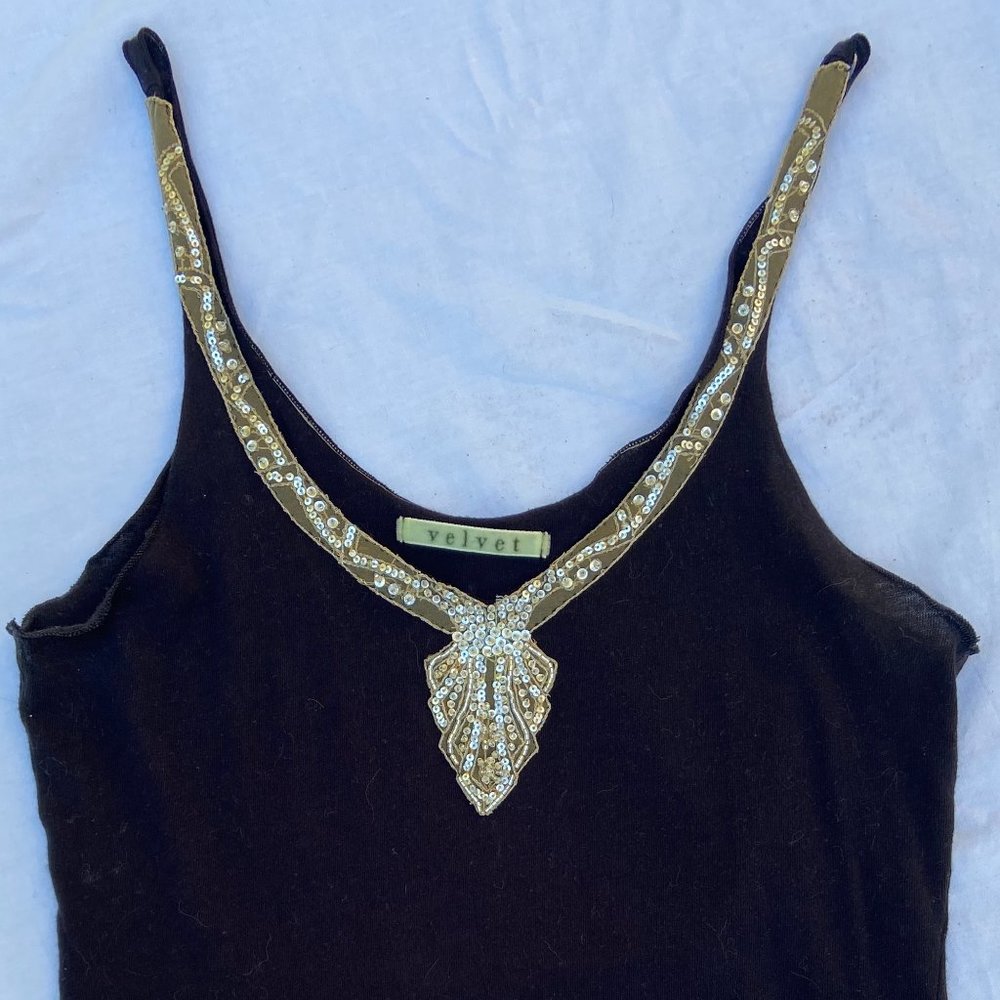Women's Black Cotton Tank Top with Decorative Neckline by Velvet